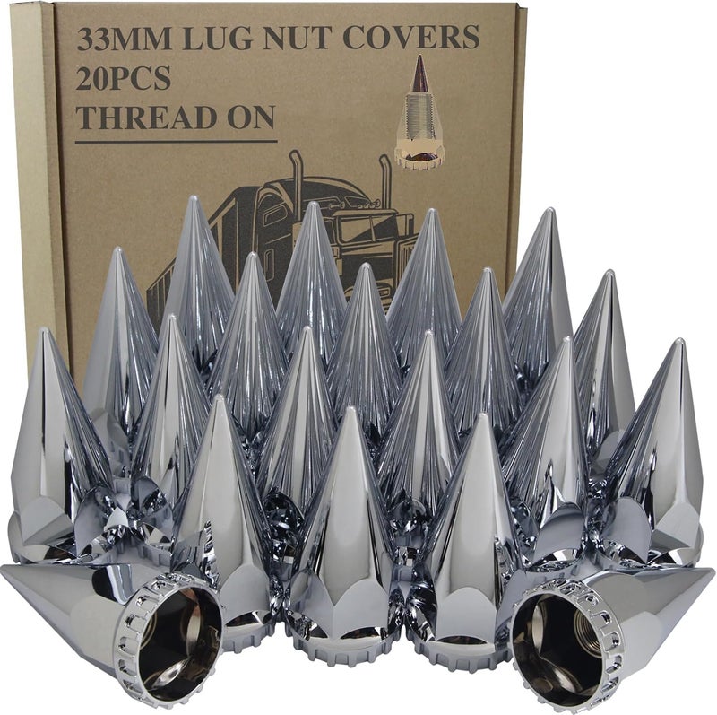 iBroPrat 20pcs 33mm x 4 3/4" Thread On Spike Lug Nuts Covers,ABS Chrome Plastic Anti-Rust Screw On Flanged Lug Nut Cover Spikes for Semi Trucks - Image 1